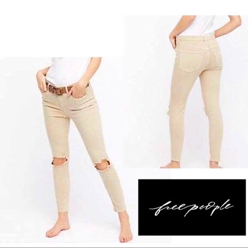 NEW! Free People slim tattered jeans khaki tan with tags